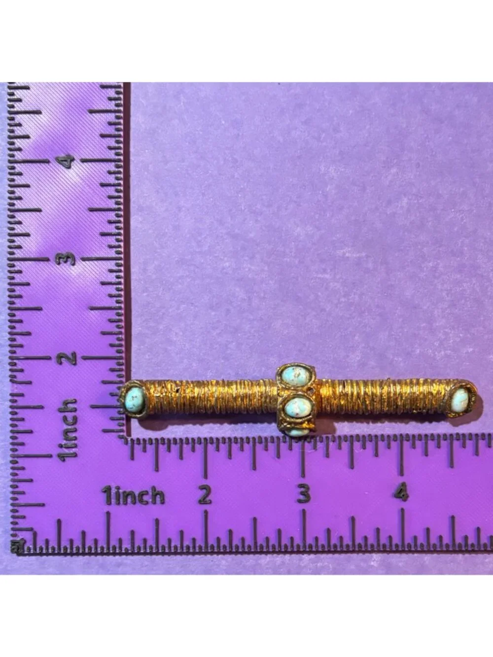 Gold Tone Turquoise Cabochons Rope-Like Texture Brooch Bar Pin Statement Vintage